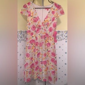 NWT!! Betsey Johnson Pink and Yellow Rose Floral Fit And Flare Dress Sz 8